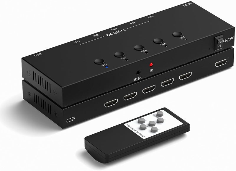 YDF 8K@60Hz HDMI Switcher 5 in 1 Out Aluminum Support 4K@120Hz HDR10+ HDCP 2.3 CEC HDMI 2.1 Switch Splitter Compatible with PS5/4 Xbox X/S Nintendo Switch/OLED Roku Apple TV Fire Stick UHD TV - Image 1